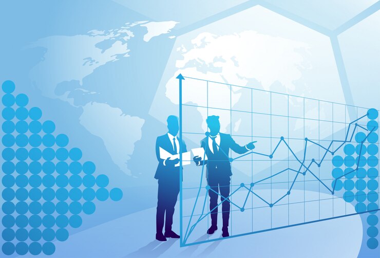 Vector two silhouette businessman talking discussing document report over finance graph, business man meeting concept