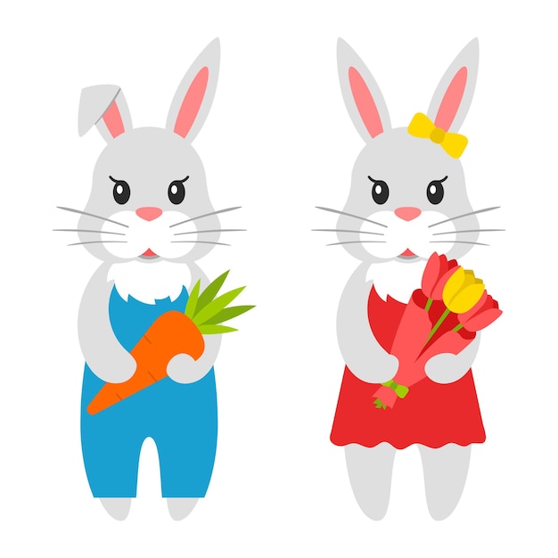 Two simple cute bunnies. Cute characters, a rabbit with a carrot and a bouquet. Isolated on a white background.