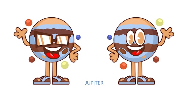 Two Simple Cute Isolated Happy Smiling Jupiter Planet Cartoon Characters