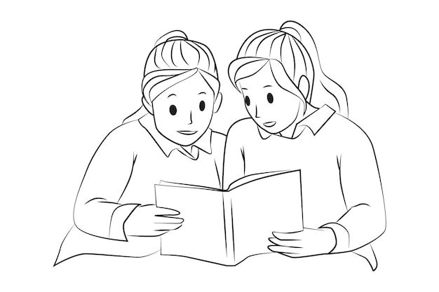 Two sister reading together outline cartoon illustrator