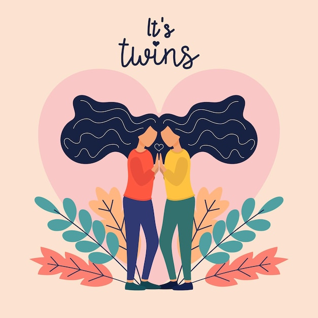 Two Sisters flat vector illustrations of two happy twins loving and supporting each other