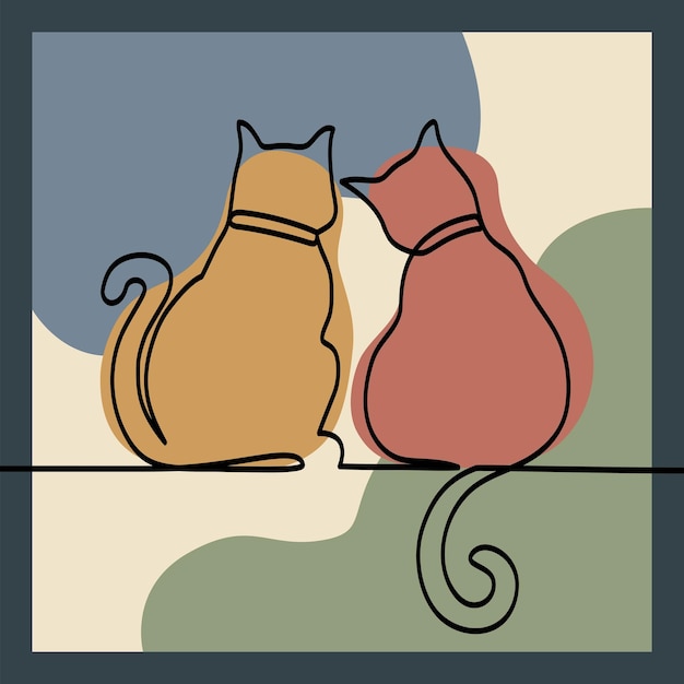 Two Sitting Cat Aesthetic One Line Art Vector