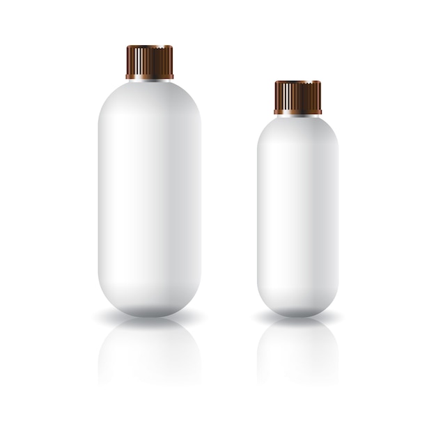 Two sizes of white oval round cosmetic bottle with copper groove lid.