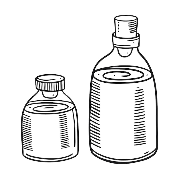 조각 스타일의 두 개의 작은 병. 손으로 그린 된 벡터 illustation. 검정 잉크. 흰색 배경에 고립.