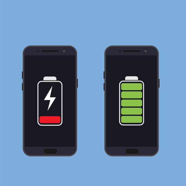 Due smartphone con icone del livello di energia batteria scarica e carica completa illustrazione vettoriale in stile piatto