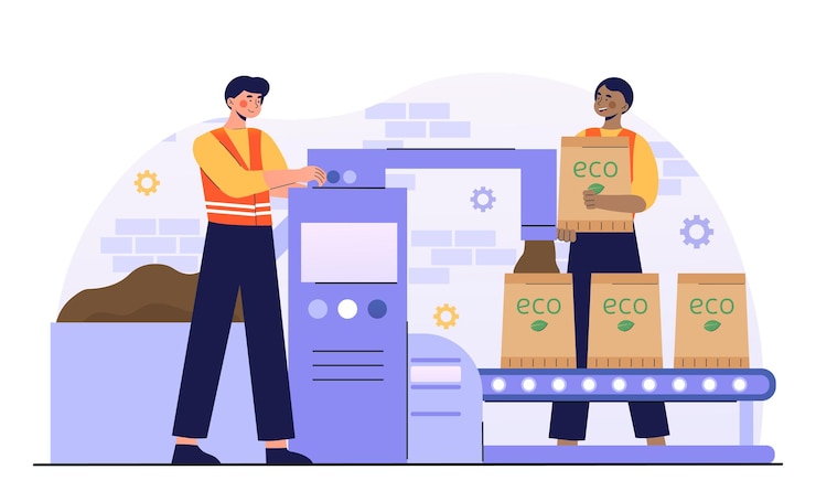 Vector two smiling male characters are working in waste processing factory together men working on