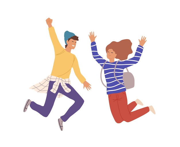 Due adolescenti sorridenti che saltano alzando le mani illustrazione piatta vettoriale. cartoon giovane maschio e femmina che hanno emozione positiva isolato su sfondo bianco. carattere di coppia gioiosa.