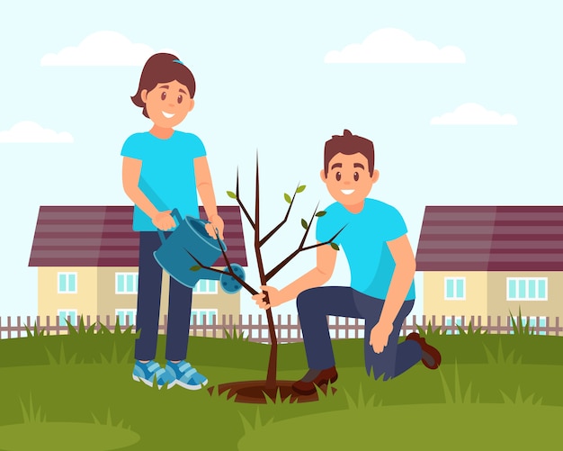 Двое улыбающихся добровольцев сажают дерево. маленький деревянный забор и дома. плоский дизайн