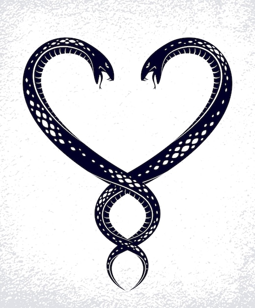 하트 모양의 두 마리의 뱀, 사랑은 잔인한 개념, 연인 부부가 말다툼, 관계의 싸움, 빈티지 클래식 스타일의 벡터 로고 엠블럼 또는 문신.