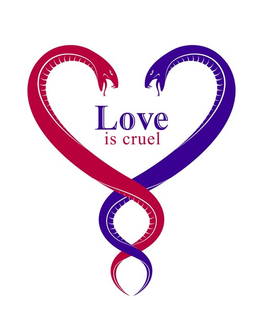 Two Snakes in a shape of heart, love is cruel concept, lovers couple arguing, quarrels in relations, vector logo emblem or tattoo in vintage classic style.