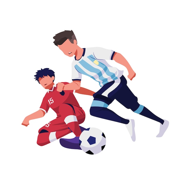 Two soccer players in red and blue uniforms are fighting for the ball.