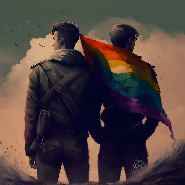 Two soldiers with rainbow lgbt flag