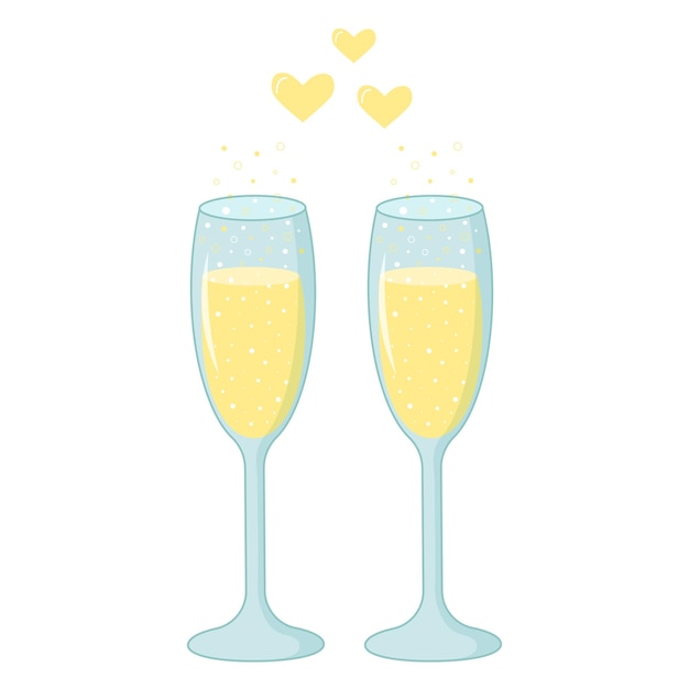 Two sparkling glasses of champagne with bubbles. Vector Illustration