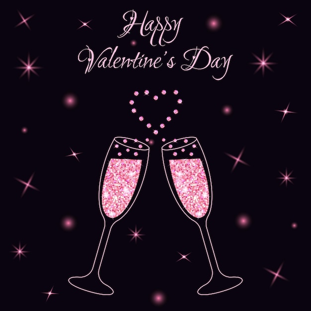 ピンクのキラキラとハート型のスプラッシュバレンタインデーとシャンパンの2つのスパークリンググラス