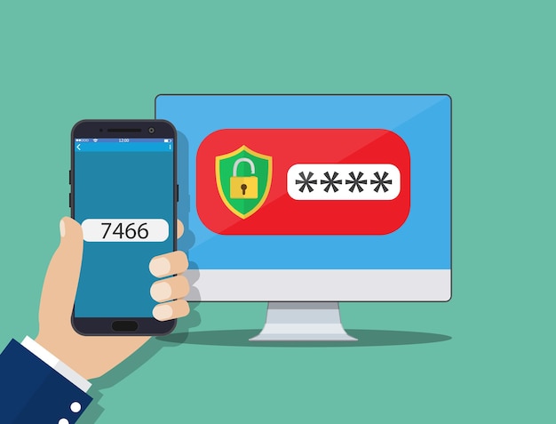 Two step authentication on smartphone cellphone and computer safety login or signin, two steps verification via mobile phone and pc clipart. Vector illustration in flat style