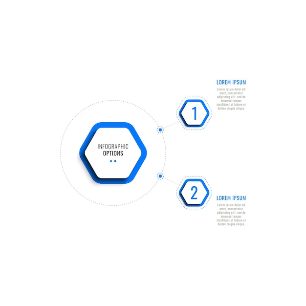 Modello di infografica verticale a due passaggi con elementi esagonali blu su sfondo bianco