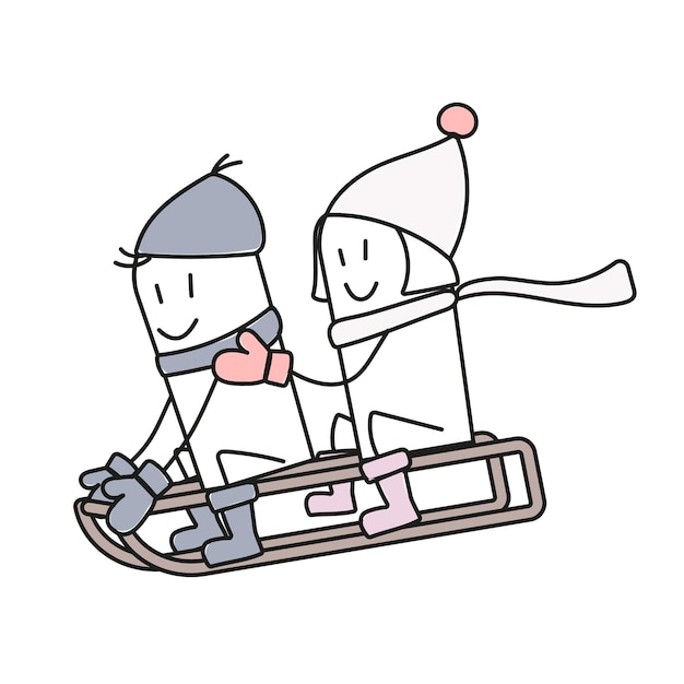 Two stick figure ride a retro sled Two vector cartoon stick figure tobogganing