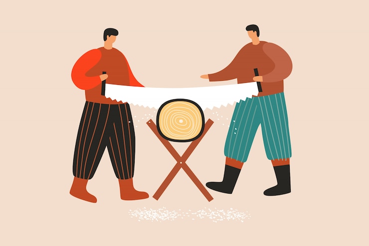 Vector two strong village men sawing a large log.