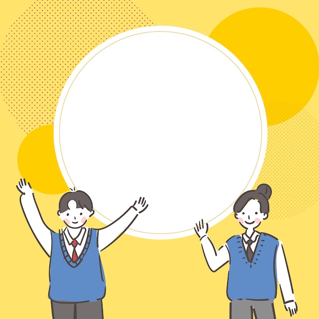 Two students in school uniforms and a circle frame.