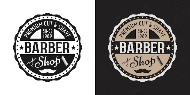 Two style barbershop round badge, emblem, label or logo on white and dark background