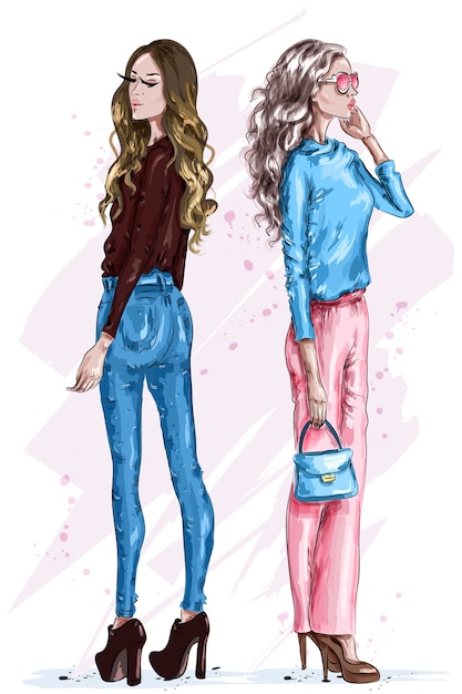 Vector two stylish beautiful women in fashion clothes