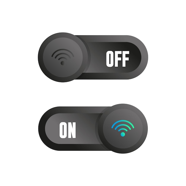 Vector two stylish vector black wifi switches in on and off positions wifi icon with light indication