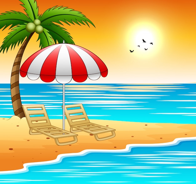 Two sun loungers and parasols on a beach with sunset