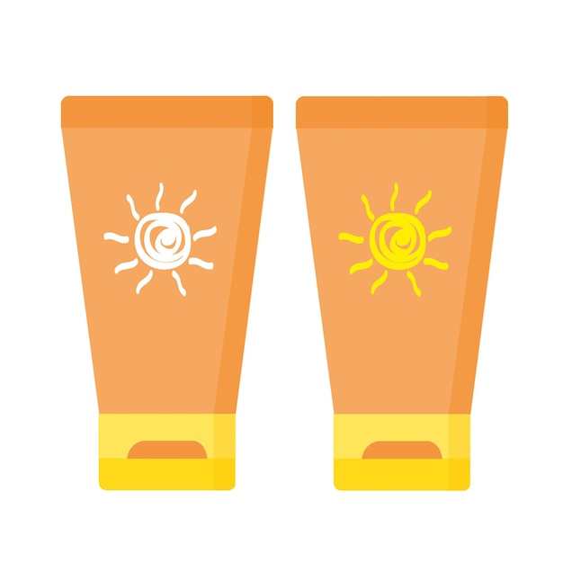 Two suntan lotion bottles with a sun draw on a white background with copy space