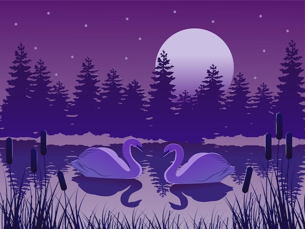 Two swans swim on a forest lake under the moonx9xdxa