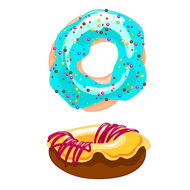 Two sweet cartoon icons donut with sprinkles, icing and watering jam.