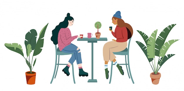 Vector two teenager millennial hipster girl sit in loft cafe and drink coffee shop - small business illustrations modern flat hand drawn