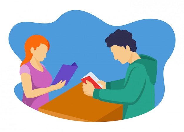 Two teenagers are reading a knowledge book at a school