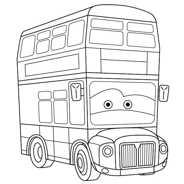 Вектор Двухэтажный автобус. мультяшный игрушечный автомобиль с забавным лицом. страница книжки-раскраски для детей.