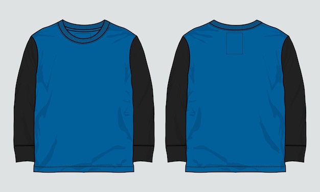 Two tone Blue and Black Color Long sleeve t shirt technical flat sketch vector illustration template