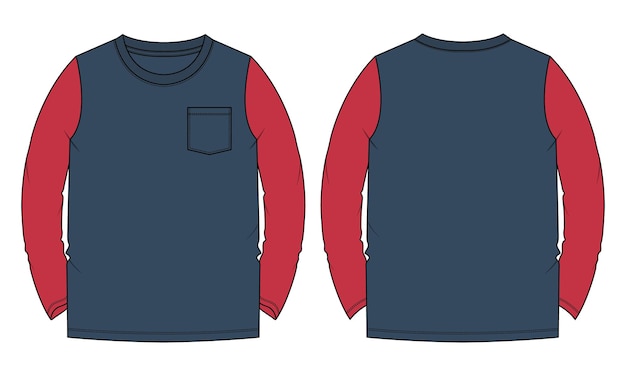 Двухцветная футболка с длинным рукавом и карманом, техническая мода, плоский эскиз, векторный шаблон