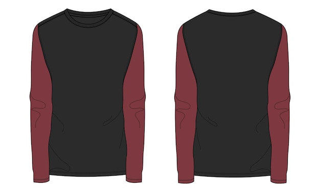 Two tone color slim fit long sleeve t shirt technical fashion flat sketch vector template