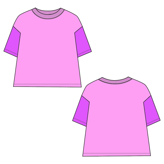 Двухцветная цветная футболка техническая мода плоский эскиз векторный шаблон для дам