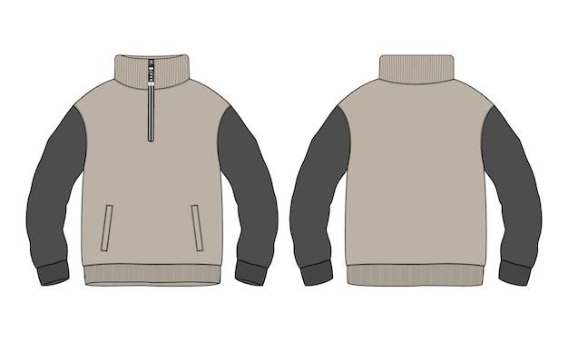 Two tone khaki and black Color Sweatshirt Technical fashion flat sketch vector illustration template