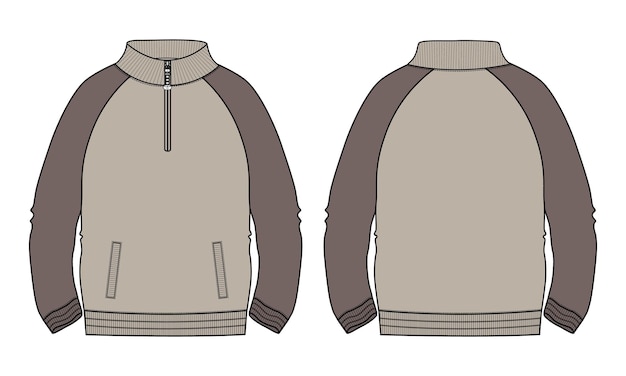 Two tone khaki color jacket sweatshirt technical fashion flat sketch vector illustration template