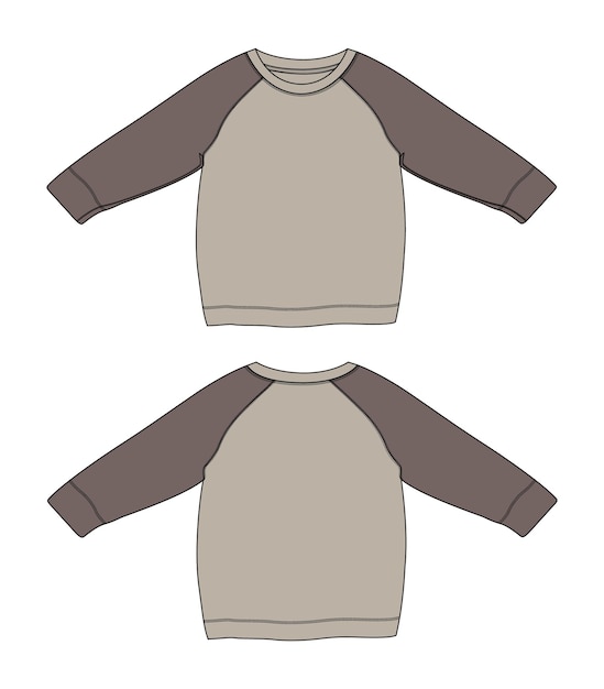 Vector two tone khaki color raglan sweatshirt technical fashion flat sketch template for women's