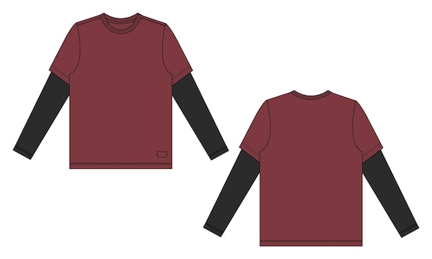 T-shirt a maniche lunghe di colore rosso e nero bicolore modello vettoriale di schizzo piatto di moda tecnica