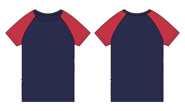 Modello di illustrazione vettoriale di t-shirt a maniche corte raglan a due toni di colore rosso e blu scuro
