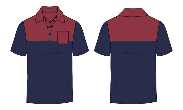 Colore bicolore rosso e blu navy con modello di illustrazione vettoriale di polo tagliata e cucita