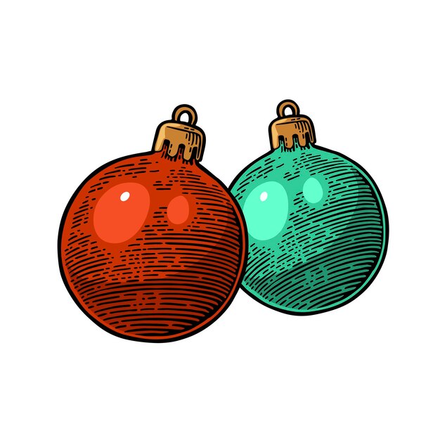 Two toy balls for fir tree for merry christmas and happy new year poster engrave isolated on white