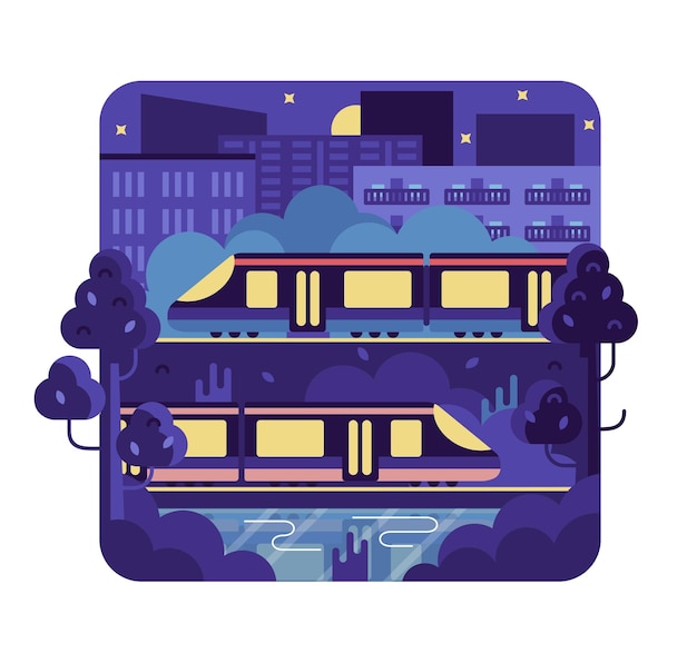 Vector two trains near the night city vector illustration in flat stile