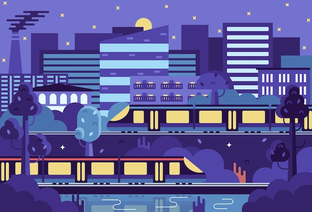 Due treni vicino all'illustrazione di vettore della città di notte con il panorama di megapolis