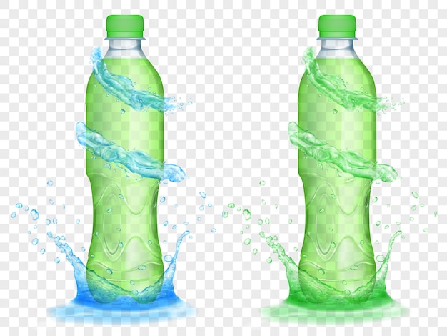 Two translucent plastic bottles filled with green juice