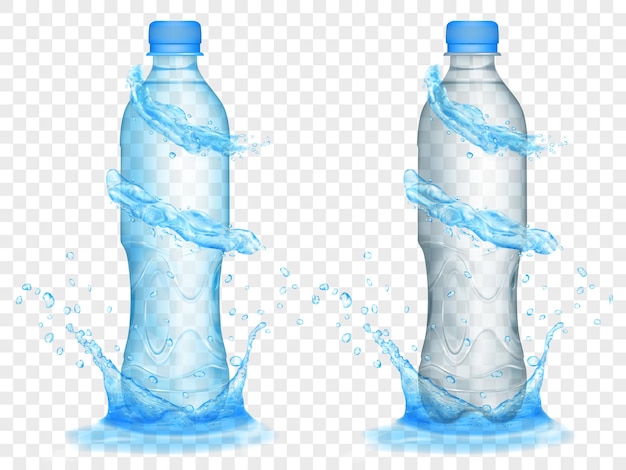 Vettore due bottiglie di plastica traslucida nei colori azzurro e grigio con corone d'acqua e spruzzi, isolate su sfondo trasparente.