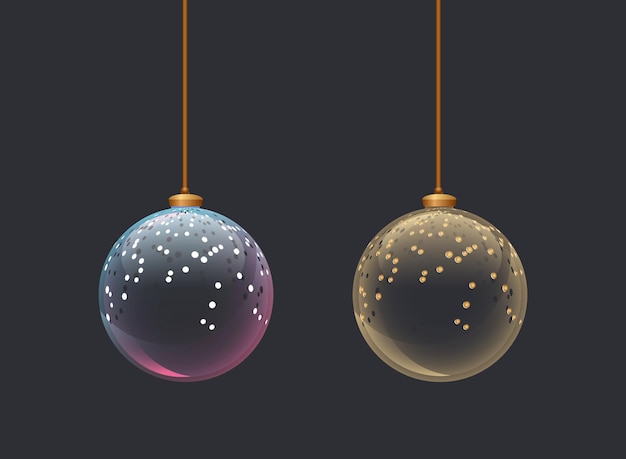 Vector two transparent glass balls with glitter christmas toys decor for new year tree decoration element