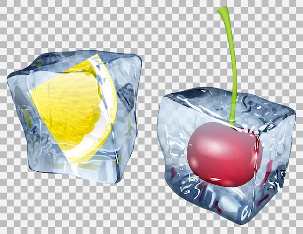 Vector two transparent ice cubes with frozen cherry and slice of lemon